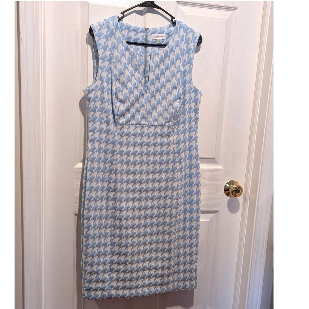 Preppy Mod Houndstooth Sheath Dress Blue White Calvin Klein Size 14